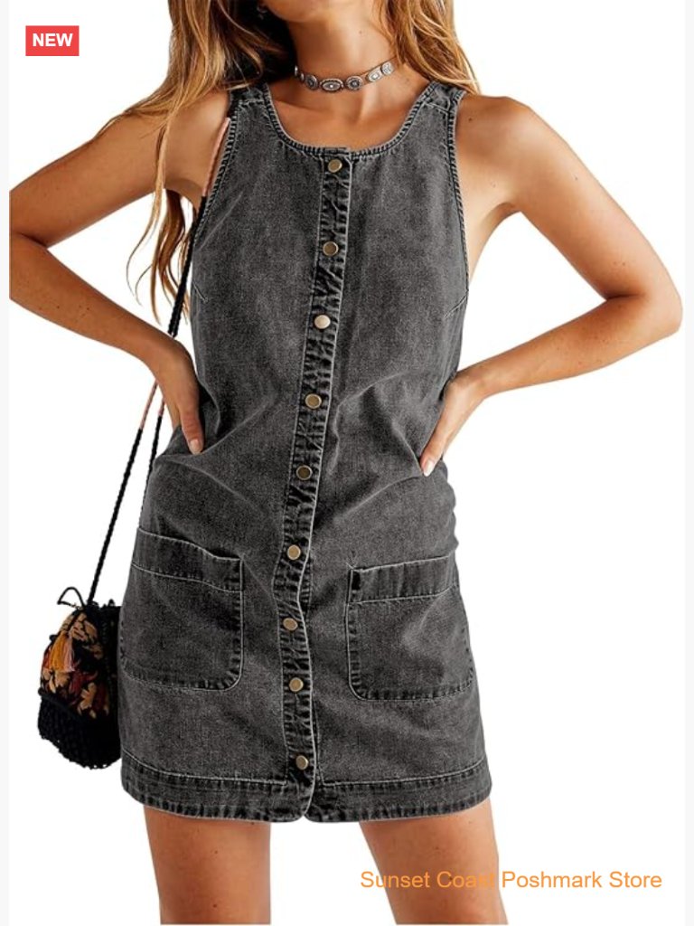 Casual Sleeveless Denim Overalls Dresses Button Down Summer Jean Mini Dress